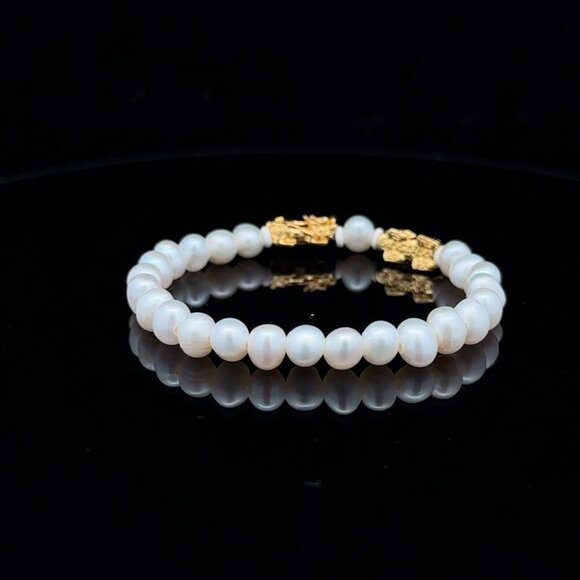 18K Gold Dragon Pixiu Double Piyao Bracelet Gemstones Pearl June Birthstones 6mm - Picture 4 of 6
